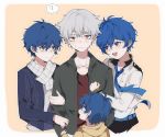  4boys ? argonavis_from_bang_dream! asahi_nayuta bang_dream! blue_hair child hug locked_arms male_focus multiple_boys multiple_persona nanahoshi_ren purple_eyes red_eyes simple_background spoken_question_mark tan_background white_hair yukiya_(8678277) 