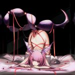  1girl absurdres arknights bed bent_over bow glass hair_bow head_wings highres leg_warmers long_hair looking_back manticore_(arknights) no_panties nyansky pink_eyes pink_hair pointy_ears red_ribbon ribbon scorpion_tail solo tail 