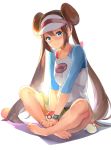  1girl absurdres arm_support bangs bare_legs barefoot blue_eyes blue_sleeves blush breasts brown_hair collarbone commentary_request crossed_legs double_bun embarrassed eyelashes feet hands_together highres indian_style leaning_forward legs long_hair maeshimashi mei_(pokemon) poke_ball pokemon pokemon_(game) pokemon_bw2 raglan_sleeves shadow shirt sidelocks simple_background sitting skirt small_breasts smile solo sweat sweatdrop toes twintails two-tone_shirt visor_cap watch white_background white_shirt wristwatch yellow_skirt 