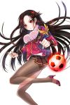  1girl ball brown_hair choker earrings frilled_skirt frills hair_ornament highres jewelry long_hair looking_at_viewer nail_polish official_art pantyhose pink_footwear ratise red_eyes red_nails sharr_(soccer_spirits) skirt soccer_ball soccer_spirits solo transparent_background 