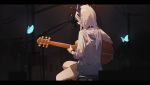  1girl blue_butterfly bug butterfly demon_horns from_behind guitar highres honey_strap hood hoodie horns insect instrument letterboxed long_hair microphone microphone_stand music nape playing_instrument pointy_ears sh_(562835932) shorts sitting solo sougetsu_eli stool virtual_youtuber white_hair 