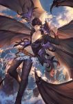  1boy abs adjusting_belt bangs bat_wings belial_(the_seven_deadly_sins) belt black_hair chest cliff cloud cloudy_sky darkavey feathers flying granblue_fantasy hand_up highres jacket long_sleeves looking_at_viewer male_focus navel open_clothes open_mouth pants pectorals red_eyes revealing_clothes shiny shiny_hair sky smile solo sunlight toned toned_male wings 