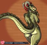 anthro argonian bethesda_softworks blush butt feathers female green_body green_skin hi_res horn lifts-her-tail looking_at_viewer looking_back nude predaguy raised_tail rear_view red_body red_feathers scalie solo text the_elder_scrolls url video_games 