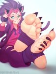  5_toes animal_humanoid barefoot catra claws clothing feet felid felid_humanoid feline feline_humanoid female fingerless_gloves foot_focus freckles gloves handwear humanoid humanoid_feet mammal mammal_humanoid masters_of_the_universe mattel multicolored_sclera netflix puffypinkpaws she-ra_and_the_princesses_of_power soles solo stirrups striped_body striped_skin stripes suit toe_claws toes 