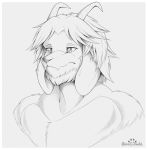  2019 anthro arm_tuft asgore_dreemurr athletic beard biped black_and_white border bovid bust_portrait caprine chest_tuft curved_horn digital_drawing_(artwork) digital_media_(artwork) english_text eyebrows facial_hair fangs floppy_ears front_view goat grey_background hair half-closed_eyes head_tuft horn line_art looking_away male mammal monochrome muscular muscular_male narrowed_eyes nude pecs portrait s2-freak short_hair shoulder_tuft simple_background solo standing symbol text three-quarter_view tuft undertale video_games watermark white_border 