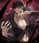 1boy abs amise bangs belial_(granblue_fantasy) belt black_hair black_shirt fang feather_boa granblue_fantasy laughing long_sleeves looking_at_viewer male_focus open_clothes open_hand open_mouth pectorals red_eyes revealing_clothes shiny shiny_hair shirt smile solo toned toned_male upper_body 