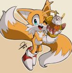  2018 absurd_res anthro blue_eyes canid canine clothing dessert dipstick_tail food footwear fox fur gloves handwear hi_res ice_cream male mammal miles_prower multicolored_tail one_eye_closed open_mouth open_smile smile solo sonic_the_hedgehog_(series) sonicaimblu19 video_games wink 