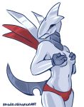  2019 anthro anthrofied avian breasts clothed clothing covering covering_breasts covering_self female front_view grey_body hand_on_breast hi_res nintendo non-mammal_breasts panties pok&eacute;mon pok&eacute;mon_(species) portrait rainbowsprinklesart red_clothing red_underwear simple_background skarmory solo three-quarter_portrait topless underwear video_games white_background 