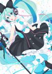  1girl aqua_eyes aqua_hair argyle argyle_legwear bare_shoulders black_bow black_dress boots bow cable commentary dress dutch_angle feet_out_of_frame gloves hair_bow hatsune_miku headphones highres holding holding_microphone hoop_skirt knee_boots long_hair magical_mirai_(vocaloid) makuhari-chan microphone microphone_stand necktie oluha open_mouth short_necktie sideways_glance sleeveless sleeveless_dress solo sparkle thighhighs twintails very_long_hair vocaloid white_background white_gloves white_legwear 