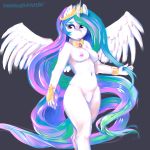  1:1 2019 absurd_res anthro anthrofied breasts casual_nudity crotch_tuft crown equid feathered_wings feathers female friendship_is_magic front_view fur hair hasbro hi_res horn jewelry mammal multicolored_hair my_little_pony naturally_censored necklace nipples nude portrait princess_celestia_(mlp) rainbowsprinklesart solo spread_wings standing three-quarter_portrait tiara tuft white_body white_feathers white_fur winged_unicorn wings 