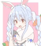  1girl :3 :d animal_ears black_gloves blue_hair blush blush_stickers border bunny_ears bunny_girl carrot_hair_ornament commentary_request detached_sleeves don-chan_(hololive) eyebrows_visible_through_hair food_themed_hair_ornament fur-lined_gloves gloves hair_ornament hololive hololive_fantasy houshou_marine_(artist) long_hair looking_at_another looking_down multicolored_hair open_mouth orange_eyes outside_border pink_background poking puffy_detached_sleeves puffy_sleeves short_eyebrows sidelocks simple_background smile symbol_in_eye thick_eyebrows two-tone_hair upper_body upper_teeth usada_pekora virtual_youtuber white_hair |_| 