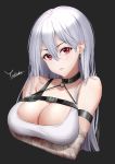  1girl absurdres artist_name azur_lane bandages black_background breasts choker cleavage crossed_arms highres large_breasts long_hair looking_at_viewer mole mole_under_eye red_eyes silver_hair solo_focus sovetskaya_rossiya_(azur_lane) sovetskaya_rossiya_(the_lackadaisical_lookout)_(azur_lane) white_hair yukiaka 