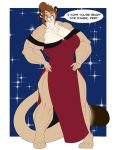  anthro big_breasts breasts cleavage clothed clothing dialogue dress entropystar felid female hand_on_hip hi_res mammal muscular muscular_female solo 