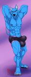  2019 4_toes abs anthro balls balls_outline biceps big_bulge biped black_nose blue_body blue_fur bulge canid canine canis clothed clothing digitigrade domestic_dog eyebrows fingers fur genital_outline genitals green_background hi_res hungothenomster koris_(hungothenomster) male mammal muscular muscular_anthro muscular_male muscular_thighs nipples pecs sheath_outline simple_background solo standing teeth tight_underwear toes topless underwear yellow_eyes 