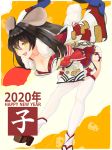  1girl 2020 absurdres animal_ears aoiro_(t_aoiro123) bangs black_hair breasts cheese chinese_zodiac cleavage collarbone eyebrows_visible_through_hair food fur_collar hair_between_eyes happy_new_year highres japanese_clothes kimono long_hair long_sleeves medium_breasts mouse_ears mouse_girl mouse_tail new_year original short_kimono sleeves_past_fingers sleeves_past_wrists solo tabi tail thighhighs white_legwear wide_sleeves year_of_the_rat yellow_eyes 