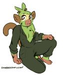  2019 absurd_res anthro breasts clothed clothing coveralls exposed_breasts female full-length_portrait green_body green_clothing grookey happy hi_res looking_up mammal nintendo nipples off_shoulder one_breast_out partially_clothed pok&eacute;mon pok&eacute;mon_(species) portrait primate rainbowsprinklesart simple_background solo video_games white_background 
