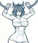  1girl abs ahoge animal_ears bandages bare_shoulders blush bound bound_wrists breasts cleavage clenched_hands closed_mouth collarbone cowboy_shot cuffs eyebrows_visible_through_hair eyes_visible_through_hair facial_scar greyscale hair_between_eyes large_breasts looking_at_viewer midriff monochrome muscle muscular_female navel nose_scar original panties rd_rn00 sarashi scar shackles short_hair simple_background slit_pupils solo standing sweat underwear white_background 