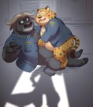  2020 anthro belly benjamin_clawhauser blush bodily_fluids bovid bovine butt cape_buffalo cheetah chief_bogo clothed clothing disney duo felid feline humanoid_hands kemono male male/male mammal open_shirt overweight overweight_male penta002 police police_uniform shirt sitting sweat topwear uniform zootopia 