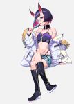  1girl alternate_costume bangs bare_shoulders belt black_legwear boots breasts coat corset crossed_legs denim denim_shorts eyelashes fate/grand_order fate_(series) food fur_trim hand_rest highres hikimayu horns knee_boots looking_at_viewer midriff multicolored_hair navel off_shoulder olys oni open_mouth popsicle purple_eyes purple_hair short_hair shorts shuten_douji_(fate/grand_order) sitting sleeves_past_wrists small_breasts solo thong two-tone_hair winter_clothes winter_coat 