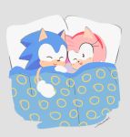  2020 :&gt; amy_rose anthro bed bedding blanket blue_body blue_fur blush clothing duo eulipotyphlan eyes_closed female fur furniture gloves grey_background handwear hedgehog male mammal on_bed one_eye_closed pillow pink_body pink_fur simple_background smallpanda sonic_the_hedgehog sonic_the_hedgehog_(series) under_covers 