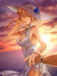  1girl ahoge artoria_pendragon_(all) artoria_pendragon_(swimsuit_ruler)_(fate) bare_shoulders blonde_hair bracelet braid breast_cutout breasts cleavage cloud cloudy_sky commentary_request cowboy_shot dusk eyebrows_visible_through_hair fate/grand_order fate_(series) green_eyes hair_bun hat highres holding_hands jewelry kankitsurui_(house_of_citrus) leotard looking_at_viewer medium_breasts necklace ocean open_mouth outdoors pov sideboob sky sleeveless teeth tongue water watermark white_headwear white_leotard 