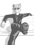  3:4 animal_crossing anthro character_request clothed clothing crossed_legs eyewear felid feline fully_clothed fuze greyscale hi_res male mammal monochrome nintendo sitting solo sunglasses video_games 