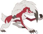  2020 alpha_channel anthro black_claws black_nose claws clear-jello fingers fur hair lycanroc midnight_lycanroc nintendo pok&eacute;mon pok&eacute;mon_(species) red_body red_fur sharp_teeth signature simple_background teeth toe_claws toes transparent_background video_games white_body white_fur white_hair 