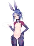  1girl alice_gear_aegis animal_ears bangs blue_hair blush bow bowtie branch_(blackrabbits) breasts bunny_ears bunny_girl bunnysuit commentary_request fake_animal_ears fingerless_gloves gloves hand_on_hip high_ponytail long_hair looking_at_viewer maebari meme_attire navel parted_bangs ponytail purple_eyes revealing_clothes reverse_bunnysuit reverse_outfit shrug_(clothing) sidelocks simple_background small_breasts solo sweatdrop takanashi_rei white_background 