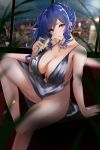  1girl absurdres alcohol azur_lane bare_shoulders blue_hair breasts champagne_flute cleavage cup dress drinking_glass highres jewelry large_breasts long_hair looking_at_viewer mole mole_under_mouth musicatopos necklace parted_lips purple_eyes revealing_clothes side_ponytail sitting sleeveless sleeveless_dress solo st._louis_(azur_lane) st._louis_(luxurious_wheels)_(azur_lane) 