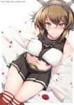  1girl bare_arms black_skirt blush breasts brown_hair collar covered_nipples flipped_hair gainoob gloves green_eyes hand_on_own_chest headgear kantai_collection kneehighs large_breasts metal_belt metal_collar midriff mutsu_(kantai_collection) navel on_bed parted_lips petals pleated_skirt red_legwear short_hair sitting sitting_on_bed skirt solo striped striped_legwear striped_skirt white_gloves 