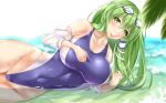  1girl blue_swimsuit breasts cleavage competition_swimsuit frog_hair_ornament goggles goggles_on_head green_eyes green_hair hair_ornament highleg highleg_swimsuit highres kochiya_sanae large_breasts long_hair lying on_side one-piece_swimsuit oxfirecar partially_submerged snake_hair_ornament solo swimsuit touhou water 