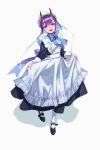  1girl alternate_costume apron bangs black_dress black_footwear blue_bow bob_cut bonnet bow dress enmaided eyebrows_visible_through_hair eyeliner fate/grand_order fate_(series) full_body highres horns long_sleeves looking_at_viewer maid maid_apron makeup olys oni oni_horns open_mouth purple_eyes purple_hair shoes short_hair shuten_douji_(fate/grand_order) simple_background skin-covered_horns skirt_hold standing white_apron white_background white_headwear white_legwear 