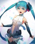  1girl aqua_eyes aqua_hair aqua_nails bare_shoulders belt black_gloves black_legwear bridal_gauntlets cosmo_(bousoup) cowboy_shot detached_sleeves elbow_gloves gloves hair_ornament hatsune_miku hatsune_miku_(append) highres long_hair looking_at_viewer midriff_cutout nail_polish navel open_mouth shirt shoulder_tattoo sleeveless sleeveless_shirt smile solo tattoo thighhighs twintails twitter_username utility_belt very_long_hair vignetting vocaloid vocaloid_append white_shirt 