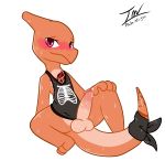  2020 absurd_res alpha_channel balls blush bodily_fluids charmeleon clothing erection fan_character genitals hand_on_knee hi_res humanoid_genitalia humanoid_penis looking_at_viewer male nintendo orange_body penis pok&eacute;mon pok&eacute;mon_(species) prate red_eyes shirt signature simple_background sitting smile solo spread_legs spreading sweat tank_top thomas_(lonelycharart) topwear transparent_background video_games 