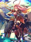  1girl axe breasts cleavage company_name copyright_name dragon fire_emblem fire_emblem:_three_houses fire_emblem_cipher freikugel gloves hilda_valentine_goneril holding holding_axe kurosawa_tetsu long_hair official_art open_mouth pink_eyes pink_hair riding ship sky solo_focus thighhighs twintails watercraft wyvern 