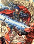  1boy armor axe belt blue_eyes blue_hair brown_gloves cape company_name copyright_name fire_emblem fire_emblem:_the_blazing_blade fire_emblem_cipher from_behind gloves hector_(fire_emblem) helmet holding holding_axe izuka_daisuke official_art open_mouth red_cape short_hair solo_focus 