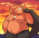  2020 anthro belly bottomwear brown_body brown_fur clothing fur hi_res humanoid_hands kemono male mammal moobs navel nipples outside overweight overweight_male pants solo suishou0602 ursid 
