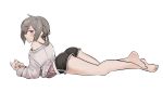  1girl abs alternate_costume ass barefoot blush gen_uma_mai girls_frontline grey_hair highres legs looking_at_viewer looking_back m200_(girls_frontline) purple_eyes shorts solo sweater thighs white_background 