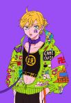  1boy abs blonde_hair blue_eyes bug butterfly dddddestroy earrings green_jacket hands_in_pockets highres hood hood_down insect jacket jewelry kagamine_len leash open_mouth print_jacket purple_background short_hair simple_background solo vocaloid 