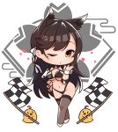  1girl 2others absurdres animal_ears atago_(azur_lane) atago_(azur_lane)_(cosplay) atago_(stunning_speedster)_(azur_lane) azur_lane bangs bikini bird black_bikini black_hair black_legwear breasts brown_eyes checkered checkered_flag chibi chick commentary_request company_connection cosplay extra_ears flag full_body highleg highleg_bikini highres kagiyama_(clave) large_breasts long_hair looking_at_viewer manjuu_(azur_lane) mole mole_under_eye multiple_others one_eye_closed race_queen ribbon sakura_empire_(emblem) shrug_(clothing) standing swept_bangs swimsuit thighhighs two-tone_bikini white_background white_ribbon wrist_cuffs 