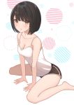  1girl :t arm_support bangs bare_shoulders barefoot black_hair black_shorts blunt_bangs blush bob_cut breasts brown_eyes camisole circle cleavage closed_mouth collarbone hands_on_ground highres leaning_forward looking_at_viewer pout shirt short_hair short_shorts shorts sitting sleeveless solo striped tanbonota46 wariza white_background white_shirt 