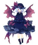 1girl alternate_color back_bow bat_wings black_footwear black_headwear black_shirt black_skirt blue_hair bow commentary fang full_body grin hat hat_bow highres long_sleeves looking_at_viewer mob_cap nikorashi-ka red_bow red_eyes remilia_scarlet shirt shoe_bow shoes short_hair simple_background skirt smile solo touhou white_background wings 