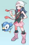  1girl beanie black_hair black_legwear black_shirt blush boots clenched_hand closed_mouth commentary_request dawn_(pokemon) floating_scarf full_body grey_eyes hair_ornament hairclip hat highres hyou_(hyouga617) long_hair over-kneehighs pink_footwear pink_skirt piplup pokemon pokemon_(creature) pokemon_(game) pokemon_dppt red_scarf scarf shiny shiny_hair shirt sidelocks skirt sleeveless sleeveless_shirt smile split_mouth standing thighhighs white_headwear 
