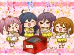  &gt;_&lt; 4girls ahoge akebono_(kantai_collection) alternate_costume apron bandaid bandaid_on_face bangs blue_hair blush brown_hair cake chibi closed_eyes crab crab_on_head dress floral_background food hair_bobbles hair_ornament holding kantai_collection kneehighs long_hair long_sleeves multiple_girls oboro_(kantai_collection) open_mouth pink_hair plate purple_hair sazanami_(kantai_collection) short_hair short_sleeves shorts skirt smoke sweat thighhighs translation_request ushio_(kantai_collection) waist_apron white_apron white_legwear yellow_dress yellow_shorts yellow_skirt yumaru_(marumarumaru) 