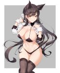  1girl animal_ears atago_(azur_lane) atago_(stunning_speedster)_(azur_lane) azur_lane bangs banned_artist bikini black_bikini black_hair black_legwear blush breasts brown_eyes cleavage extra_ears groin hair_ribbon hands_up highres ikomochi large_breasts logo long_hair looking_at_viewer mole mole_under_eye navel race_queen ribbon shrug_(clothing) sidelocks skindentation sleeve_cuffs smile solo standing stomach string_bikini swept_bangs swimsuit thighhighs thighs two-tone_bikini white_ribbon wrist_cuffs 