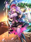  1girl bowl breasts company_name copyright_name desert dress fire_emblem fire_emblem_cipher hat holding holding_bowl holding_staff horse kousei_horiguchi long_hair official_art outdoors parted_lips petals poe_(fire_emblem) purple_eyes purple_hair sky solo staff thighhighs 