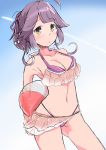  1girl absurdres ahoge ball beachball bikini blue_sky breasts cleavage commentary_request condensation_trail contrapposto frilled_bikini frills gradient_sky hair_ribbon hayanami_(kantai_collection) highres kantai_collection komb medium_breasts ponytail purple_bikini purple_eyes purple_hair ribbon sarong short_hair sidelocks sky solo standing swimsuit white_ribbon yellow_eyes 