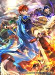  1girl 2boys animal armor blue_eyes blue_hair cape commentary_request company_connection company_name copyright_name eliwood_(fire_emblem) fire fire_emblem fire_emblem:_the_blazing_blade fire_emblem_cipher green_eyes green_hair hector_(fire_emblem) holding holding_sword holding_weapon horse horseback_riding long_hair long_sleeves looking_at_viewer lyn_(fire_emblem) multiple_boys official_art ponytail red_hair riding short_hair short_sleeves shoulder_armor smile sword tied_hair wada_sachiko weapon 