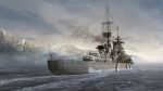  dusk flag grey_sky heavy_cruiser highres imperial_german_flag mast military military_vehicle mountain no_humans ocean original outdoors prinz_eugen_(cruiser) scenery seo_tatsuya ship smoke smokestack turret warship water watercraft 