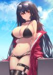  1girl ahoge azur_lane bare_shoulders bikini black_bikini black_choker black_hair black_legwear breasts choker cleavage cloud collarbone commentary_request cowboy_shot eyewear_on_head highres itaco jacket large_breasts long_hair long_sleeves looking_at_viewer multi-strapped_bikini navel off_shoulder one_side_up race_queen red_eyes red_jacket sidelocks skindentation sky smile solo standing stomach strap_gap string_bikini sunglasses swimsuit taihou_(azur_lane) taihou_(enraptured_companion)_(azur_lane) thigh_strap thighhighs thighs very_long_hair 